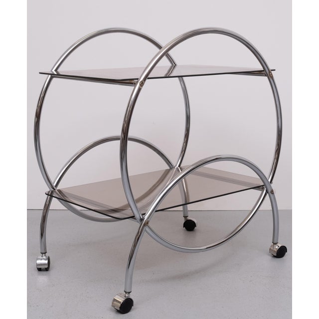 Metal Art DecoTwo-Tier Smoked Glass and Chrome Bar Cart by IKEA, Sweden, 1970s For Sale - Image 7 of 9