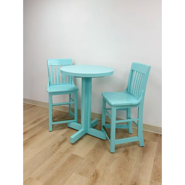 Vintage Bistro Set Turquoise Blue Counter Height Table Two Chairs Outdoor/Indoor For Sale - Image 4 of 16
