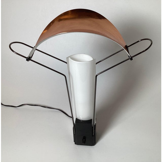 White Pair Of Italian Vintage Cooper and Glass Table Lamps By Arteluce Palio For Sale - Image 8 of 8