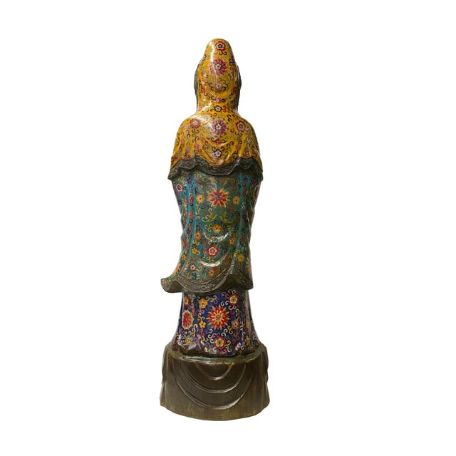 Vintage Large Metal Blue Yellow Enamel Cloisonné Kwan Yin Statue For Sale In San Francisco - Image 6 of 9