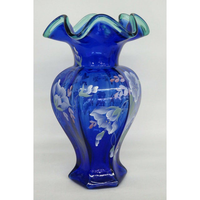 Fenton Glass 75th Anniversary Diamond Jubilee Blue Hand Painted Vase