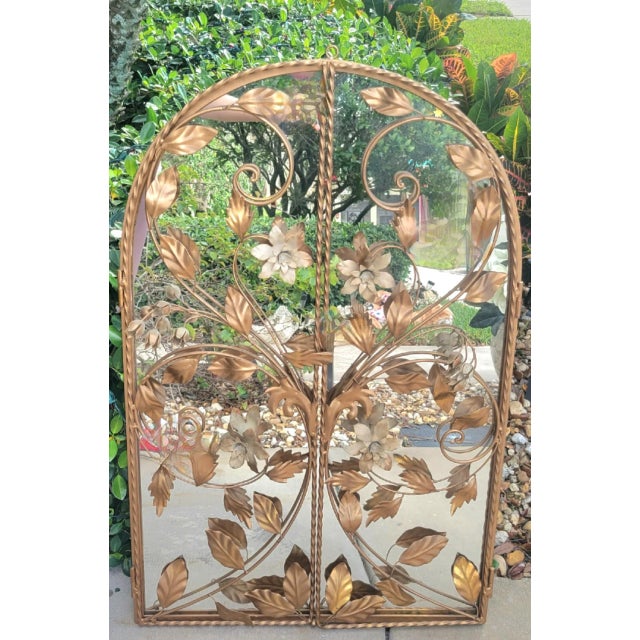 Vintage Tole Arched Regency 2 Door Gold Floral Wall Mirror For Sale - Image 10 of 12