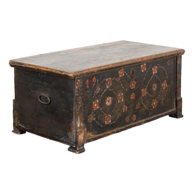 Dark Blue Painted Flat Top Trunk Dated 1900, Hungary For Sale