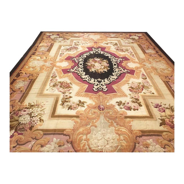 Condition: Antique Circa: 1860s Origin: France Design: Aubusson Actual size: 13'7" x 17'0" Thickness: 1/8" Colors: Ivory,...