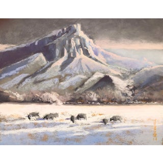 Just Above the Surface by Natasha Isenhour | Pastel Landscape with Bison in Snowy Terrain For Sale