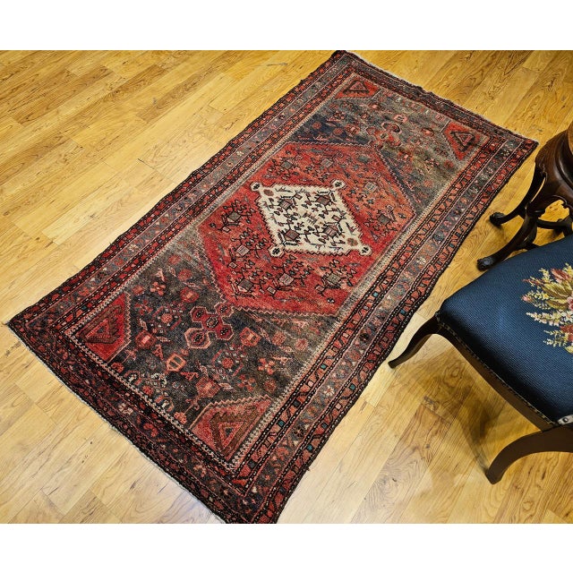 Red Vintage Persian Hamadan Rug, Hand-Knotted Wool, Geometric Medallion Pattern, Moss Green & Red, 4x7 For Sale - Image 8 of 18