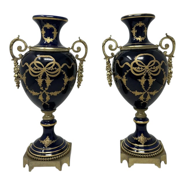 Antique Pair Cobalt Blue French Sèvres Porcelain Ormolu Urns Vases Garnitures For Sale