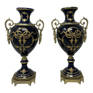 Antique Pair Cobalt Blue French Sèvres Porcelain Ormolu Urns Vases Garnitures