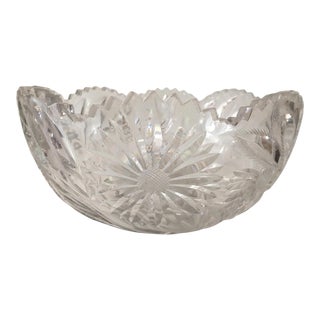 Mid 20th Century Cut Glass Crystal Flowers Leaves Sawtooth Scalloped Rim Bowl For Sale