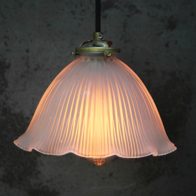 Vintage French Holophane Frosted Glass Pendant Light For Sale - Image 5 of 8