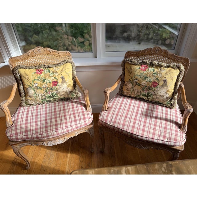 Pair of Custom Scalamandré Botanical Pillows with Velvet Back Including Down Inserts This custom-made pair in Scalamandré,...