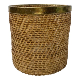 Mid Century Woven Rattan Basket With Brass Rim For Sale