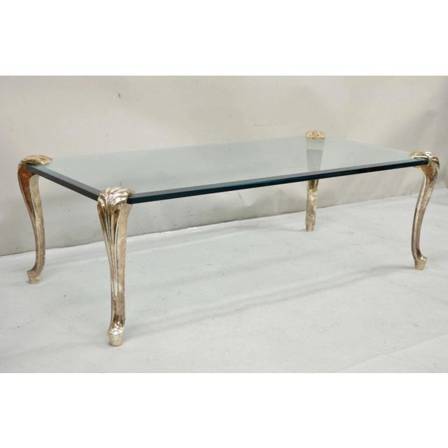 Vintage French Hollywood Regency Beveled Glass Bronze Cabriole Leg Coffee Table For Sale - Image 11 of 11