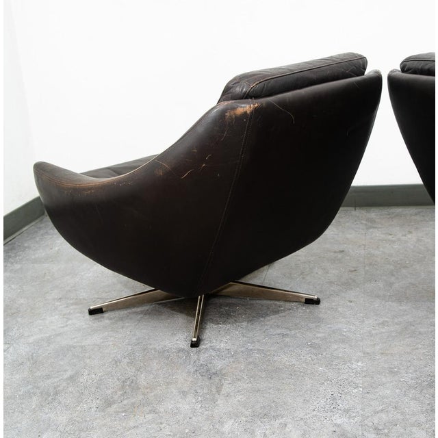 Metal Mid Century Danish Modern Lounge Chairs Swivel Brown Leather Armchair Vintage For Sale - Image 7 of 12