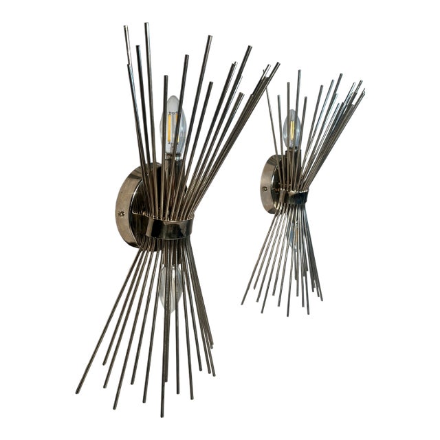 Pair Sputnik Wall Sconces Radiating Wire Rods Sunburst Effect MCM Style For Sale