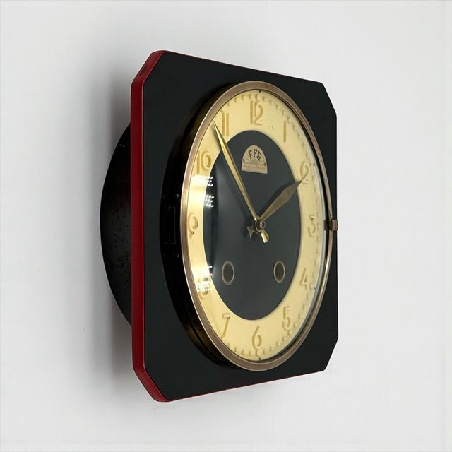French Formica Wall Clock with Brass and Red Detail from FFR, 1950s For Sale - Image 13 of 14