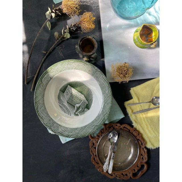 Mid-Century Modern 1950s MCM Old Curioisity Shoppe Green and White Transferware Serving Bowl For Sale - Image 3 of 9