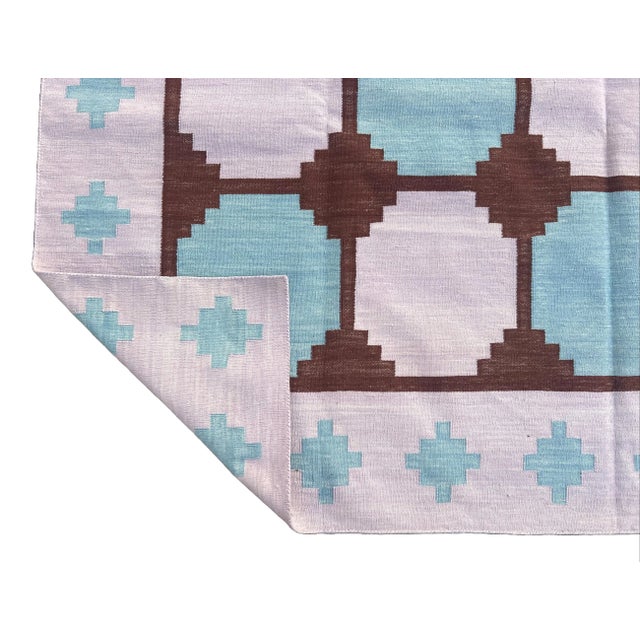 Casa Cosima Handmade Cotton Flat Weave Area Rug, Tile Patterned Lavender, Wine and Blue Dhurrie - 8'x10' For Sale - Image 4 of 10
