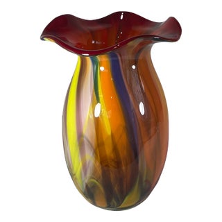 Bulbous Orange Marbled Flared Lip Art Glass Vase For Sale