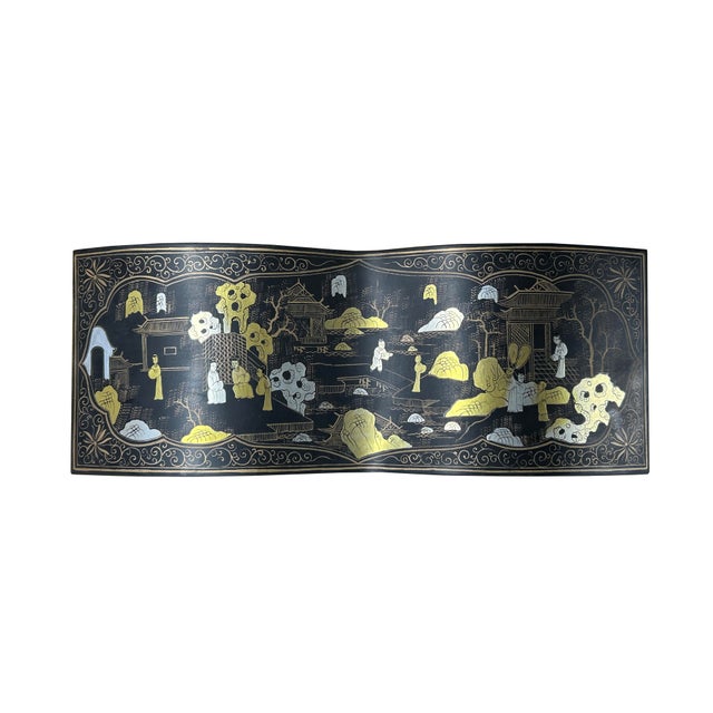 Black Black Lacquer Chinoiserie-Style Gold Silver Scenery Graphic Rectangular Box For Sale - Image 8 of 15