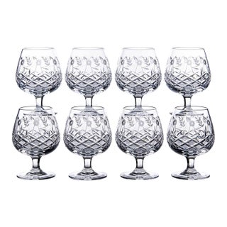 Vintage Rogaska Floral Cut Crystal Cognac Glasses Brandy Snifters - Set of 8 For Sale