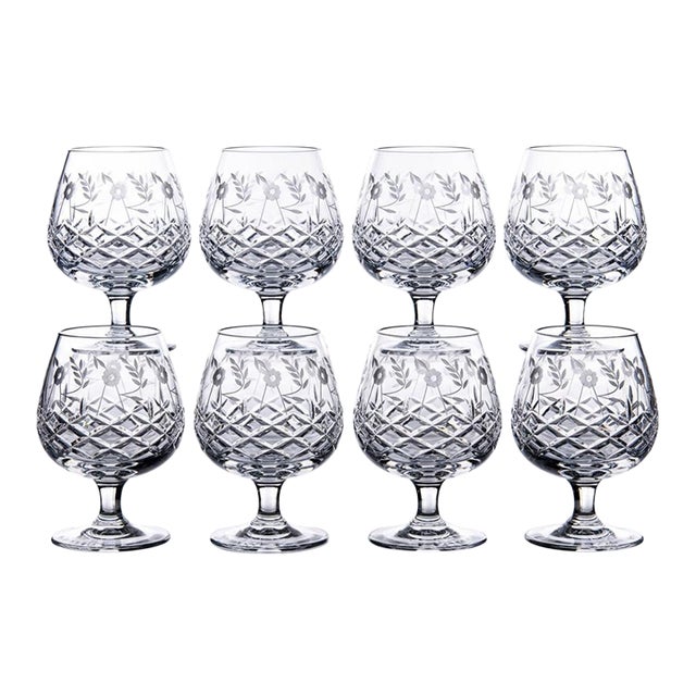 Vintage Rogaska Floral Cut Crystal Cognac Glasses Brandy Snifters - Set of 8 For Sale