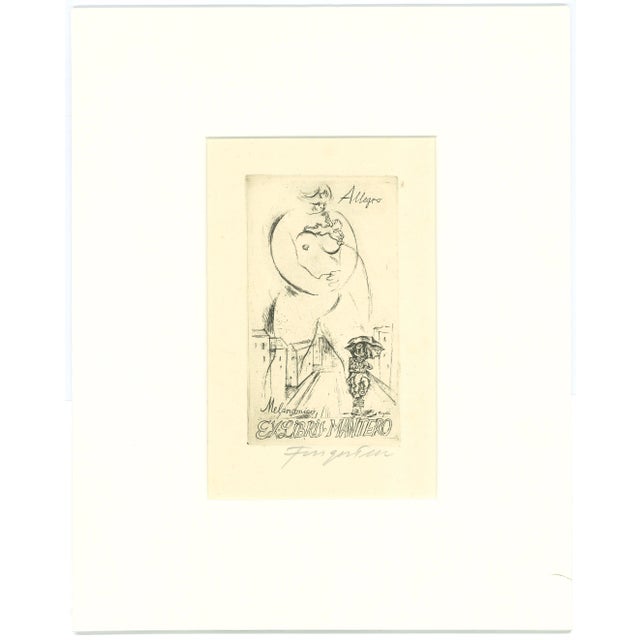 Image dimensions 13 X 7 cm. Ex Libris - Allegro Melanconico is and original etching artwork realized by Michel Fingesten...