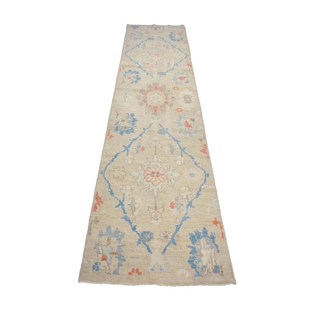 21st Century Turkish Oushak 3X12 Beige, Slate Blue, Ivory & Orange Handmade Runner Rug #1144198 For Sale - Image 9 of 12