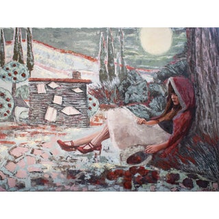 Story of Red by Andrada Trapnell | Mixed media on board girl in a red hood sitting by a stone structure For Sale