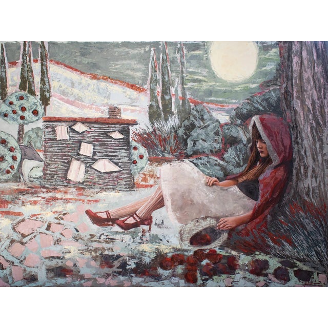 Story of Red by Andrada Trapnell | Mixed media on board girl in a red hood sitting by a stone structure For Sale