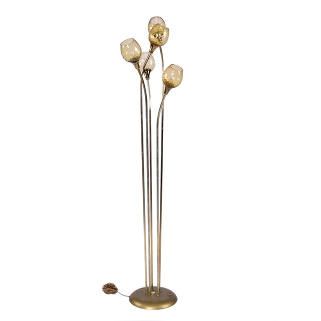 Metal 5-Head Gold Brass Mid-Century Modern Floor Lamp With Amber Glass Diffusers For Sale - Image 7 of 12