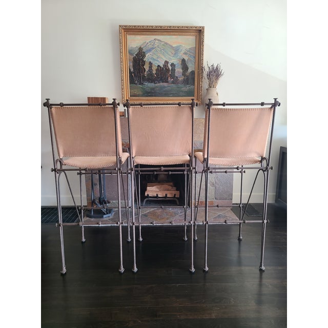 Mid-Century Modern Ilana Goor Style 1970's Vintage Brutalist Iron Leather Stools Set of 3 For Sale - Image 3 of 15