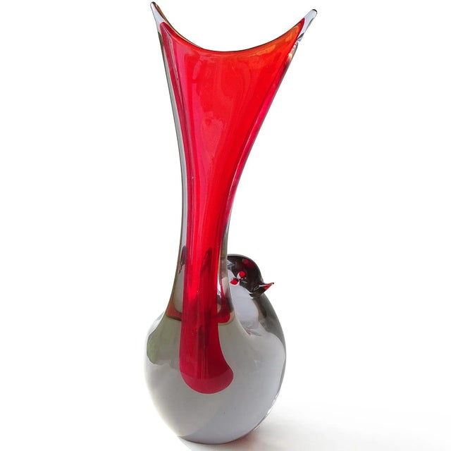 Red Vintage Cenedese Murano Antonio Da Ros Gino 1961 Sommerso Red Gray Italian Art Glass Bird Sculptural Vase For Sale - Image 8 of 9