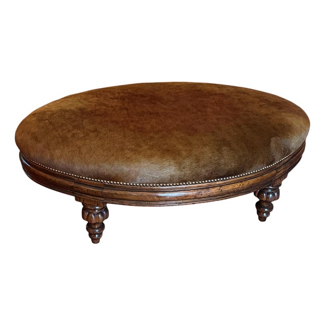 18th C Style Brindle Cowhide Oval Walnut Ottoman For Sale