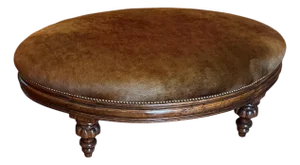 18th C Style Brindle Cowhide Oval Walnut Ottoman