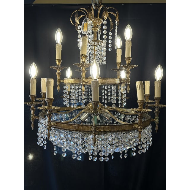 Gold Empire Style 15-Arm Chandelier in Gilt Bronze and Crystal, 1970s For Sale - Image 8 of 8