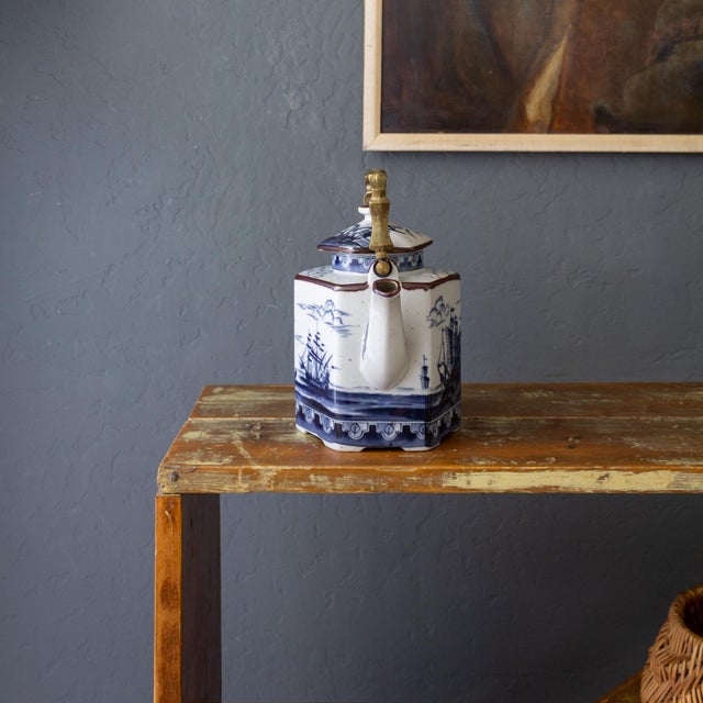 1960s Chinoiserie Nautical Maritime Earthenware Teapot With Blue Nautical Ships For Sale - Image 4 of 16