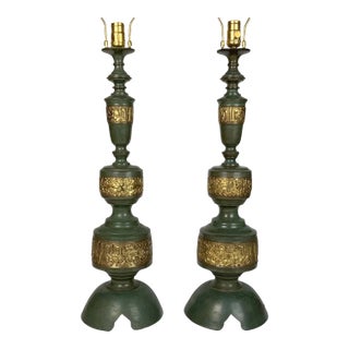 James Mont Style Heavy Verdigre & Brass Lamps, 1940s~ Pair For Sale