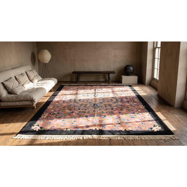 Textile 1930s Pink Rose Floral Antique Chinese Art Deco Rug 9'x 11' 8" Handknotted Wool Carpet For Sale - Image 7 of 9