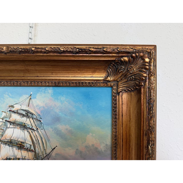Textile Signed Original Oil Painting on Canvas Seascape Gold Frame Maritime Nautical Art For Sale - Image 7 of 12