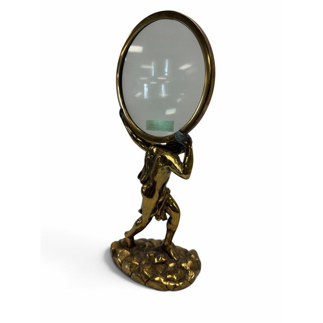 Hollywood Regency Vintage Maitland-Smith Bronze Greek God Atlas Desk Magnifying Glass Stand For Sale - Image 3 of 8