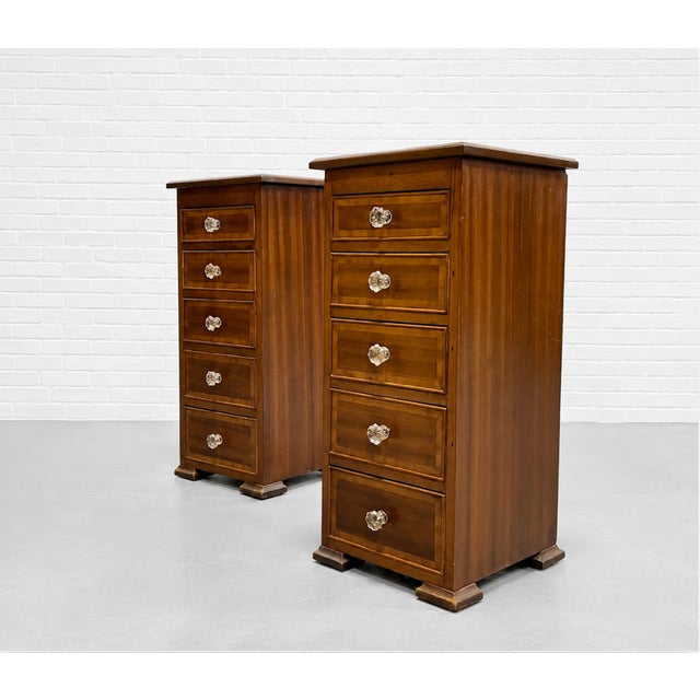 English Pair of Federal Style Narrow Mahogany Dressers | 1920's Skinny Nightstands Glass Knobs For Sale - Image 3 of 12
