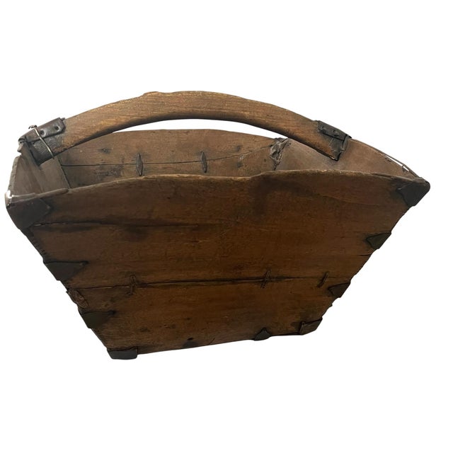 1920s Antique Chinese Rice Grain Measure Box Dou Wooden Primitive Basket Bucket Iron For Sale - Image 5 of 8