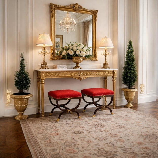 1980s William Switzer Neo-Classical Style Carved Fruitwood & Gilt Ottomans Stools - Pair For Sale - Image 5 of 6