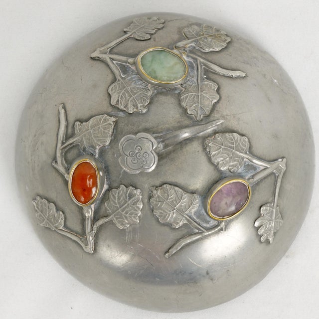Antique Chinese Pewter Jeweled Lidded Bowl With Gemstones Republic Period For Sale - Image 9 of 13