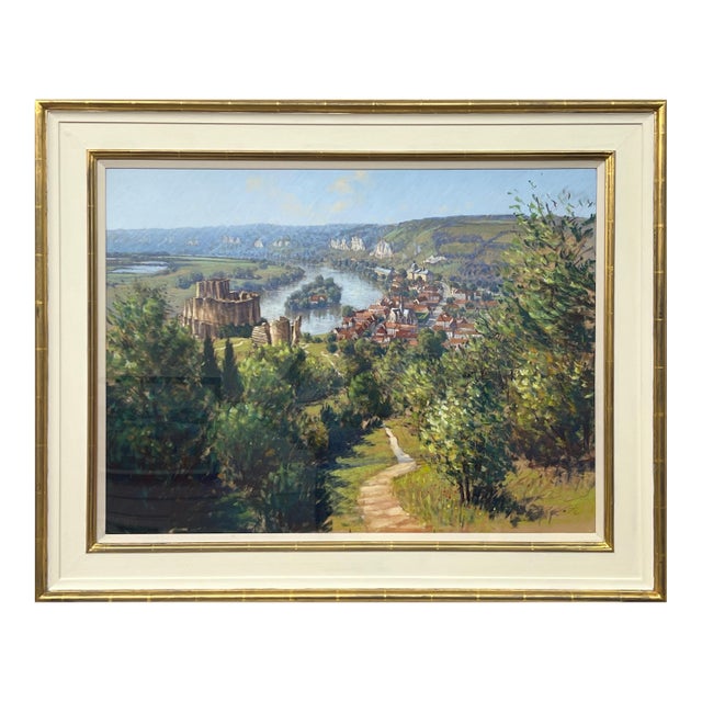 Les Andelys in the Seine Valley France Pastel Art by 20th Century British Artist 1995 Circa For Sale
