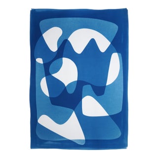 2025, Mid Century Modern Shapes, Unique Monotype Cyanotype in Blue Tones on Watercolor Paper by Kind of Cyan For Sale