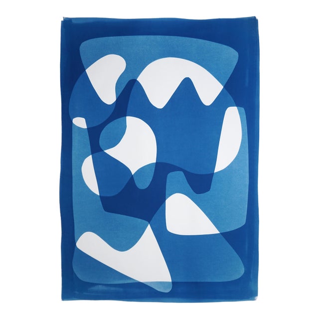 2025, Mid Century Modern Shapes, Unique Monotype Cyanotype in Blue Tones on Watercolor Paper by Kind of Cyan For Sale