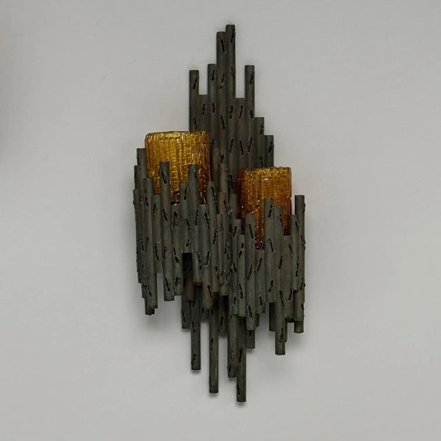 1960s Marcello Fantoni, Brutalist Mid-Century Modern Wall Sconces, Wrought Iron, Glass For Sale - Image 5 of 10