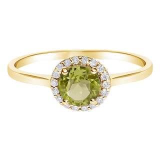 10K Yellow Gold Green Peridot and 1/10 Cttw Diamond Halo Ring, Size 6.5 For Sale